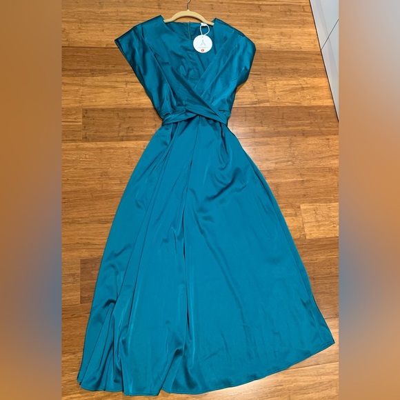 NWT Satin Midi Dress Cap Sleeve Tie Waist Elegant A-Line Flowy Dresses in Teal - Picture 7 of 7